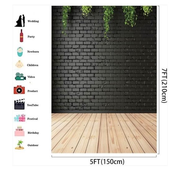 Black Brick Wall w/ Falling Greenery Backdrop Wedding Background - Picture 4 of 4